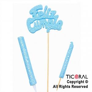 ADORNO DE TORTA SET FELIZ CUMPLE CON BENGALA Y VELA 9 CM GIBRE CELESTE x 1
